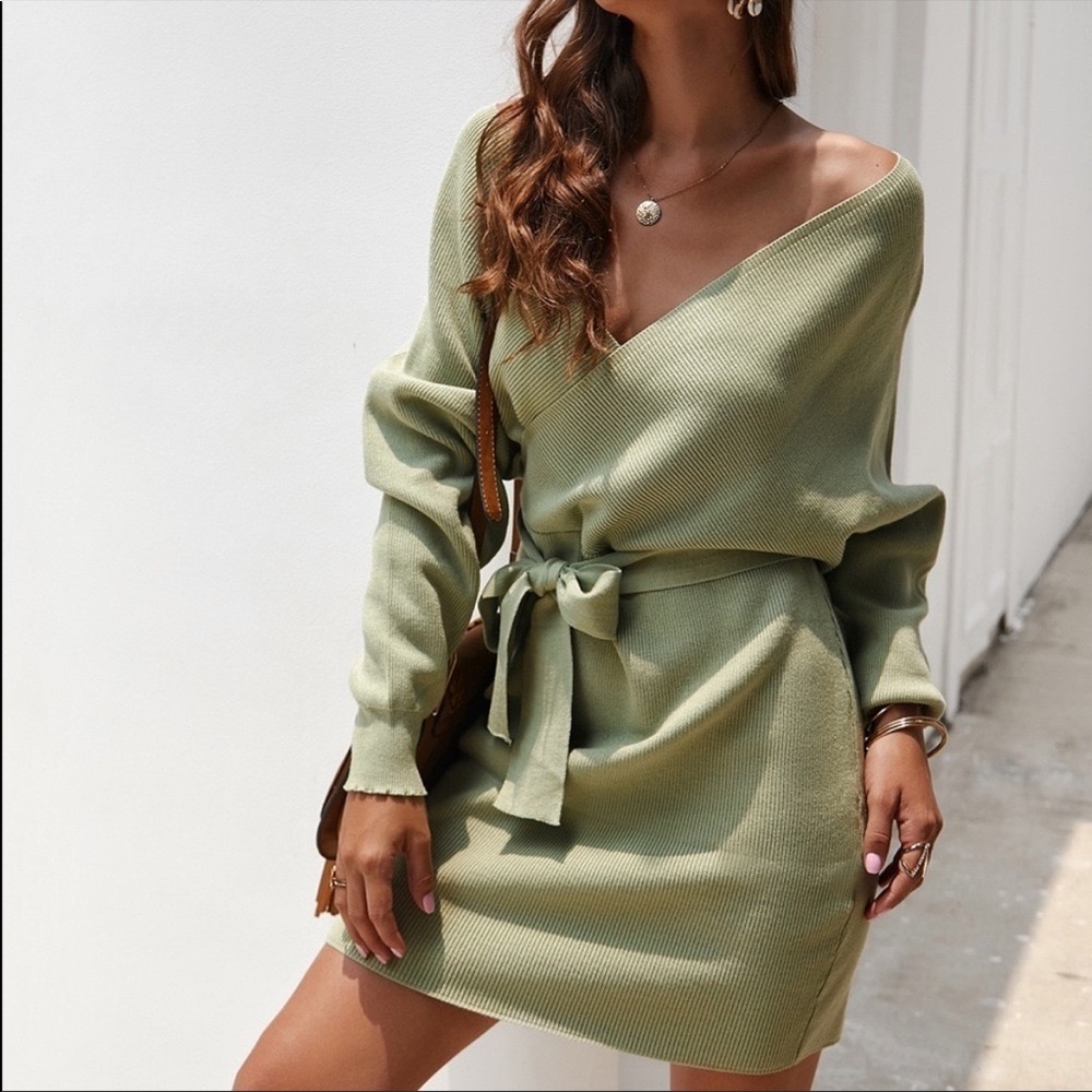 Classy Green Wrap Tie Waist Dolman Sweater Dress M - Picture 4 of 7